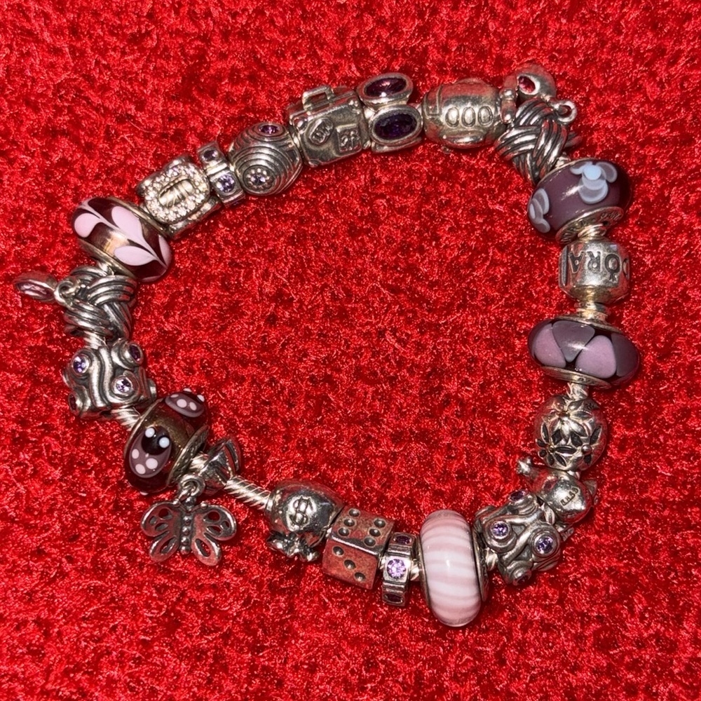 Pandora Silver and Purple Charm Bracelet with Iridescent Beads - Picture 8 of 9